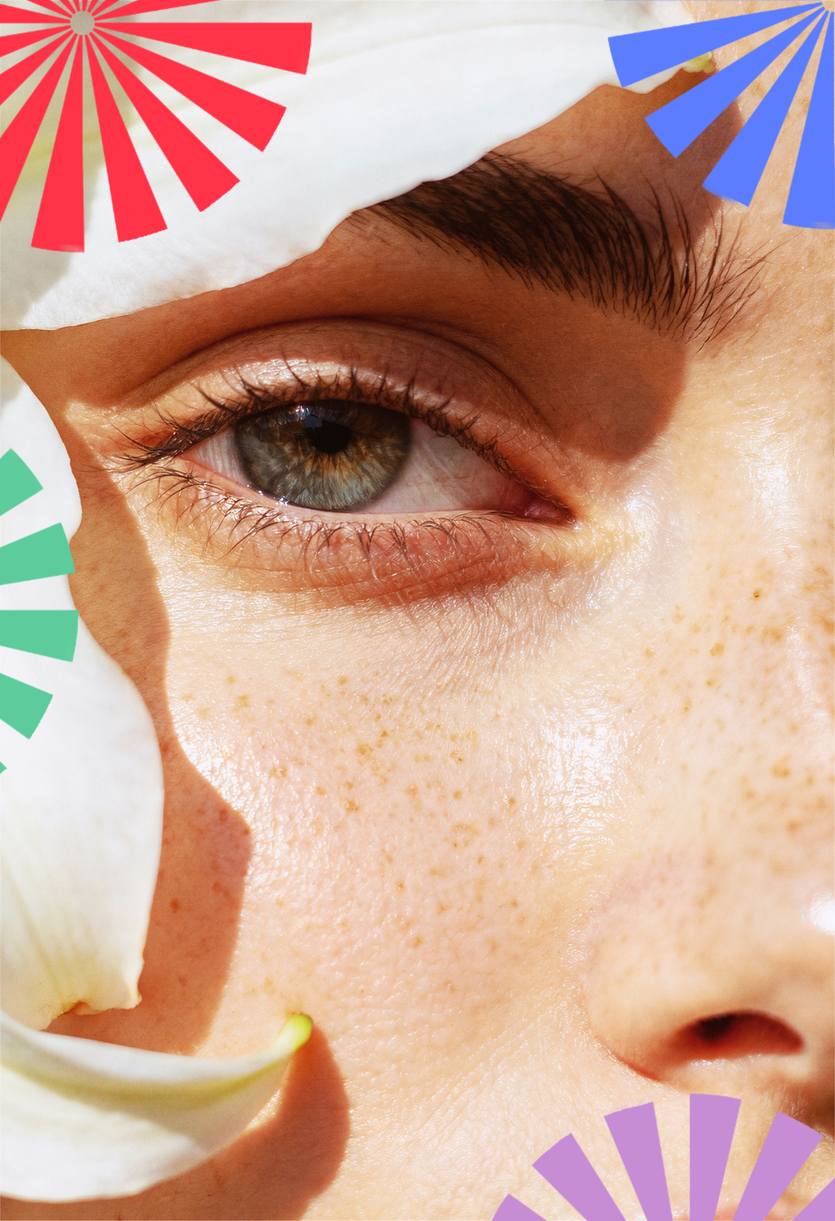 Close-up MARMARSO beauty campaign portrait framed by white flowers and multicolour burst motifs